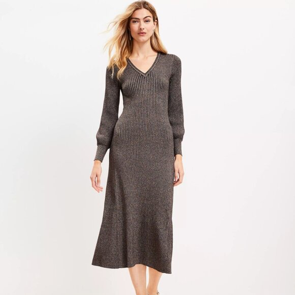 NWT LOFT Gold Metallic Shimmer Ribbed Midi Dress, SP - Picture 1 of 6